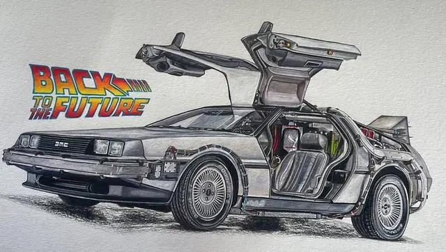 Colour drawing of the DeLorean time machine from Back to the Future with its gull-wing doors open