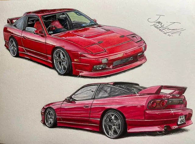 Two views of a red Nissan 180SX with chrome wheels, one from the front and one from the rear