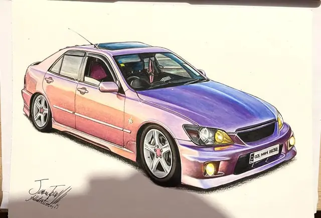 Drawing of a colour-shifting pink and purple Toyota Altezza (Lexus IS200) sedan with yellow fog lights