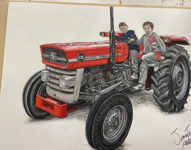 Drawing of a red Massey Ferguson 135 tractor with two boys sitting on it