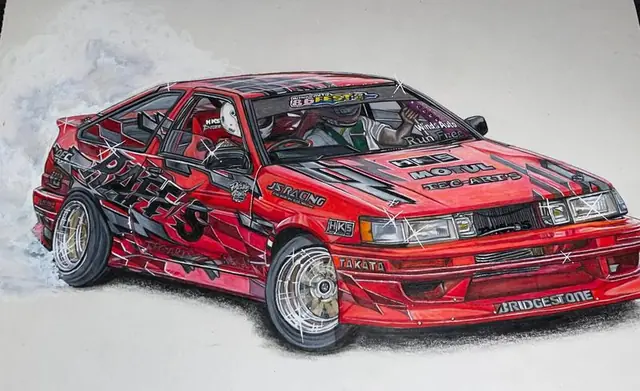 Drawing of a red AE86 drift car in a cloud of tyre smoke