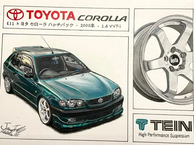 Poster-style drawing of a green Toyota Corolla hatchback beside a white alloy wheel and a Tein logo