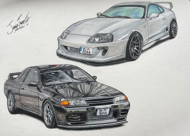 Drawing of a silver Toyota Supra above a black Nissan Skyline R32