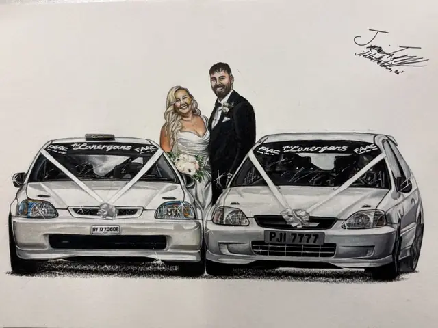 Drawing of a bride and groom standing between two white wedding cars with ribbons